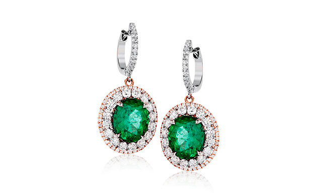 Simon G. Color Earring 18k Gold (Rose, White) 5.96 ct Emerald 1.85 ct Diamond - ME2370-18K-S