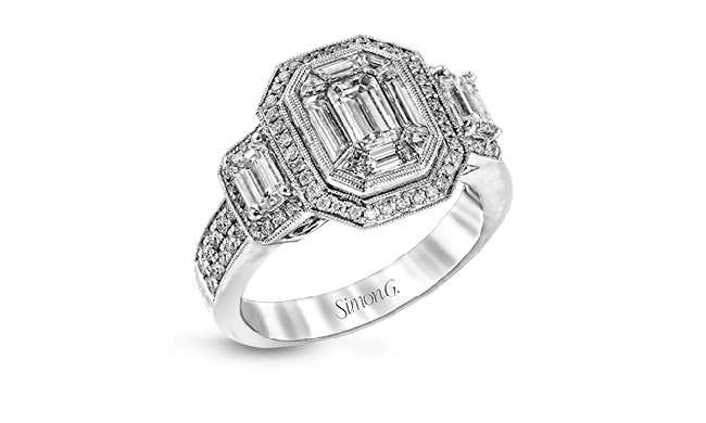 Simon G. 1.01 ctw Halo 18k White Gold Emerald Cut Engagement Ring - LP1996-W-18K