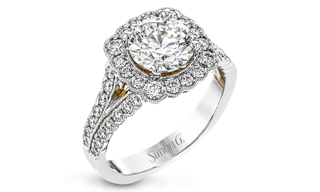 Simon G. 0.81 ctw Halo 18k Two Tone Gold Round Cut Engagement Ring - LP2377-WR-18KS