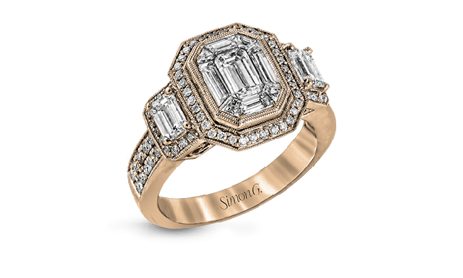 Simon G. 1.01 ctw Halo 18k Rose Gold Emerald Cut Engagement Ring - LP1996-R-18K