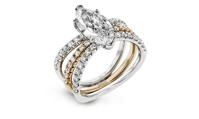 Simon G. 0.77 ctw Bridal Set 18k Two Tone Gold Marquise Cut Engagement Ring - LR1083-MQ-WR-18KSET